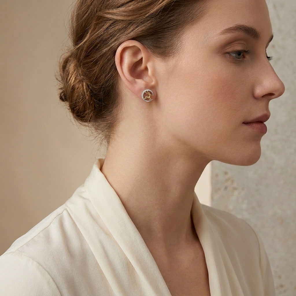 Two-Tone Reindeer and Crescent Stud Earrings