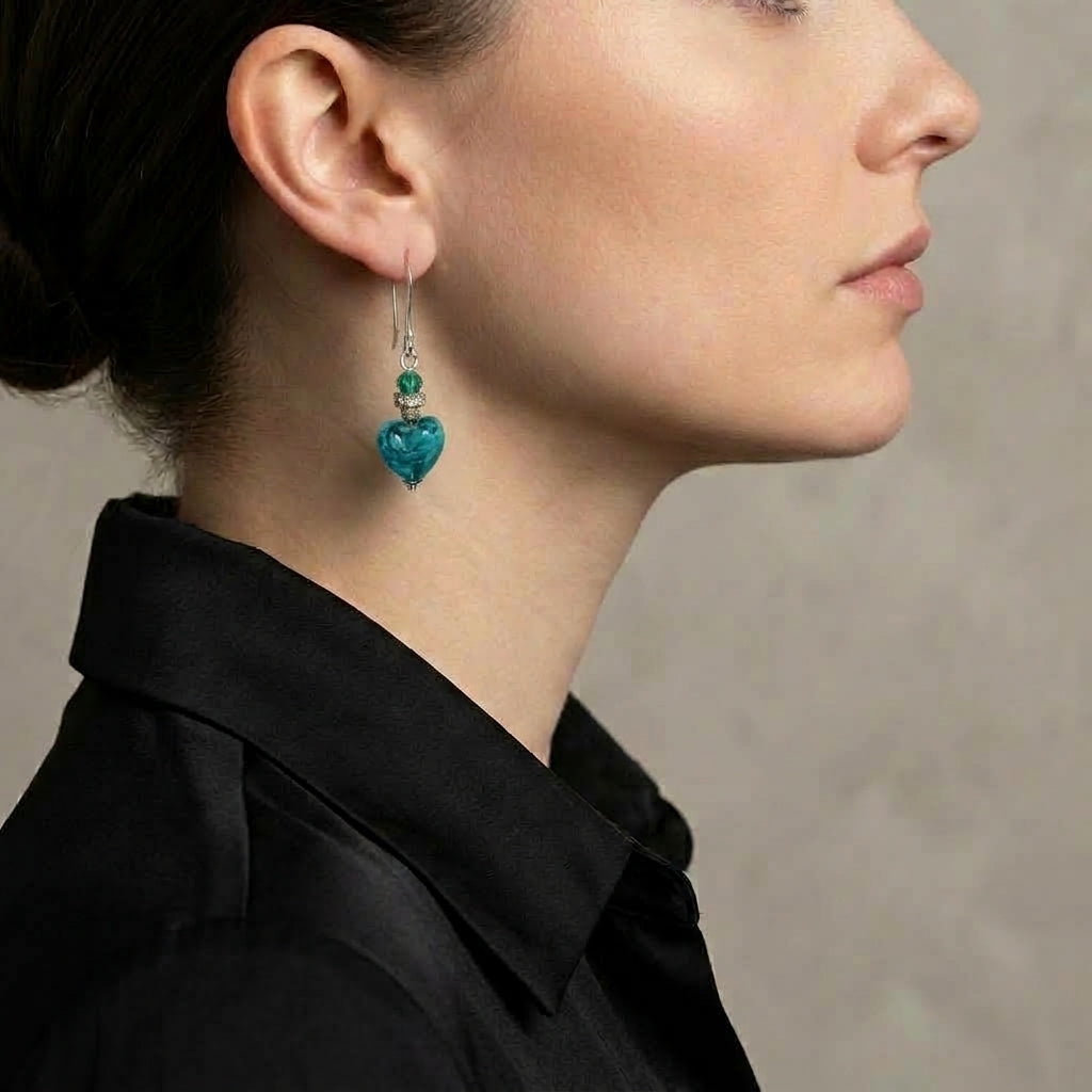 Green Murano Glass Heart Hook Earrings