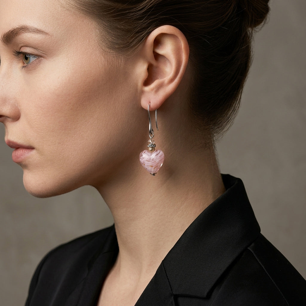 Rose Murano Glass Heart Hook Earrings