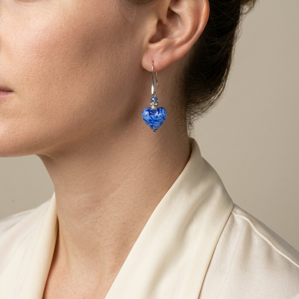 Deep Blue Murano Glass Heart Hook Earrings
