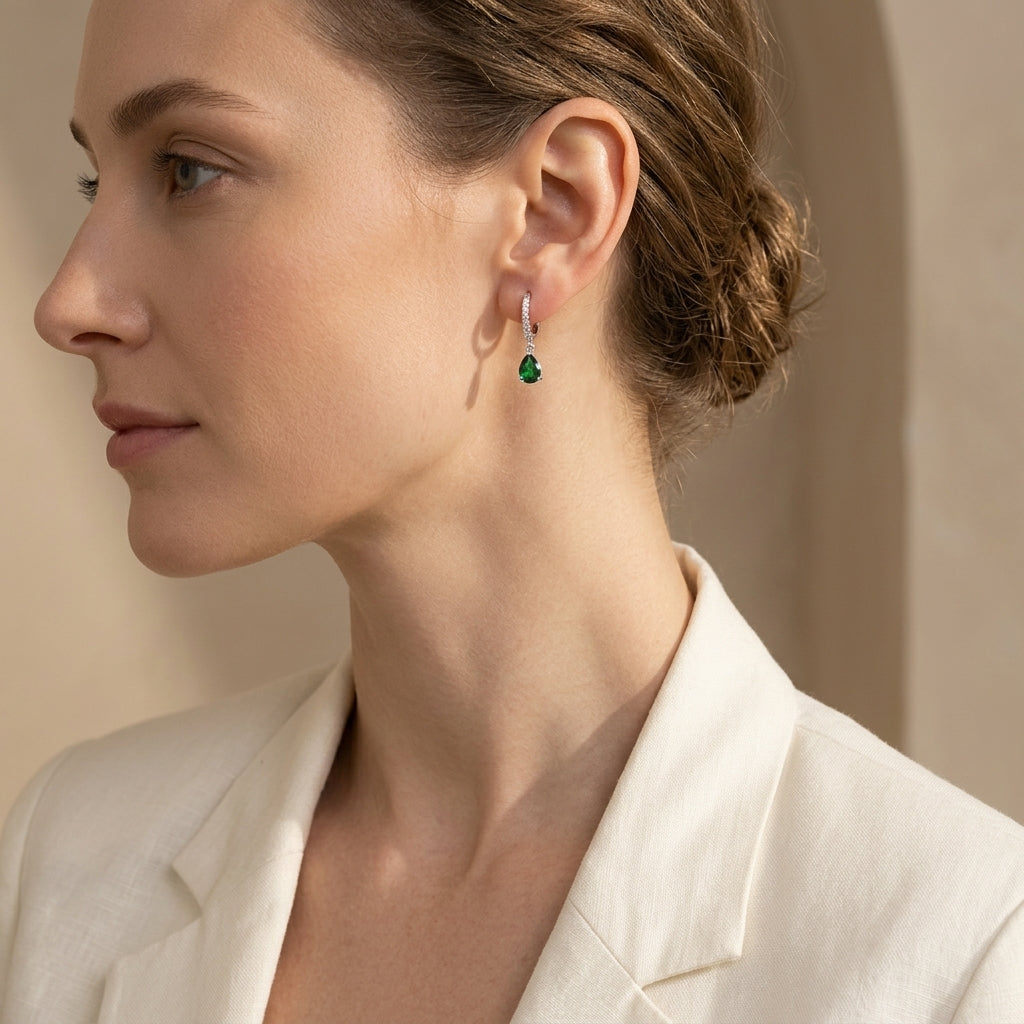 Emerald Pear Cut Drop Huggie Hoop Earrings