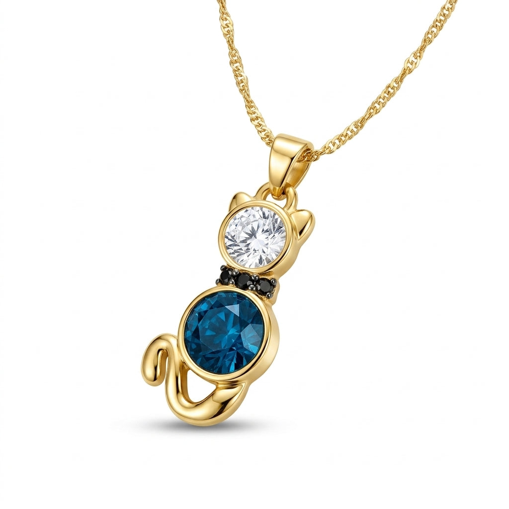 Pave Crystal Cat Pendant with Aquamarine