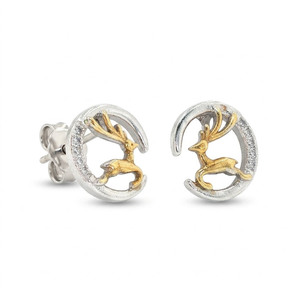 Two-Tone Reindeer and Crescent Stud Earrings
