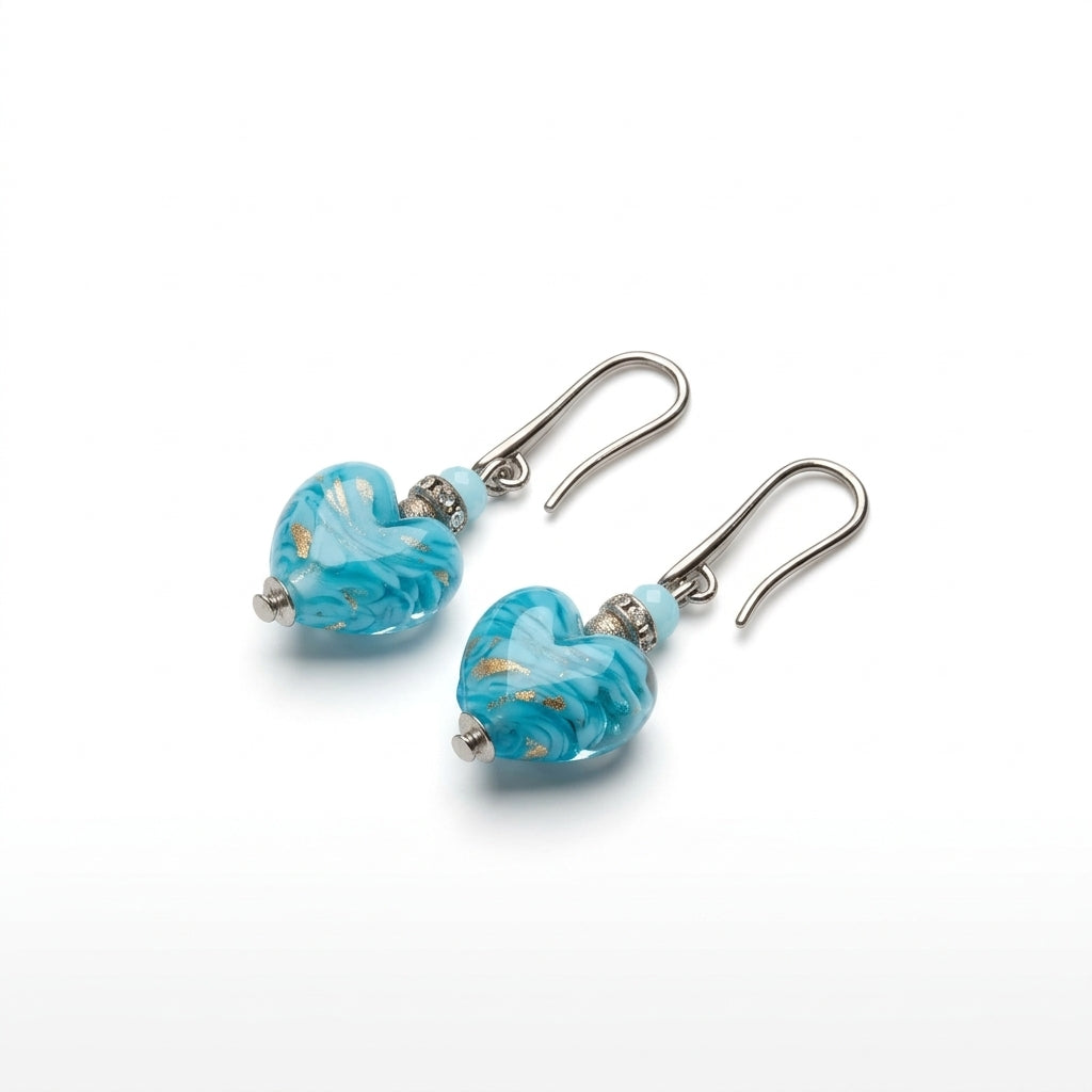 Aqua Murano Glass Heart Hook Earrings