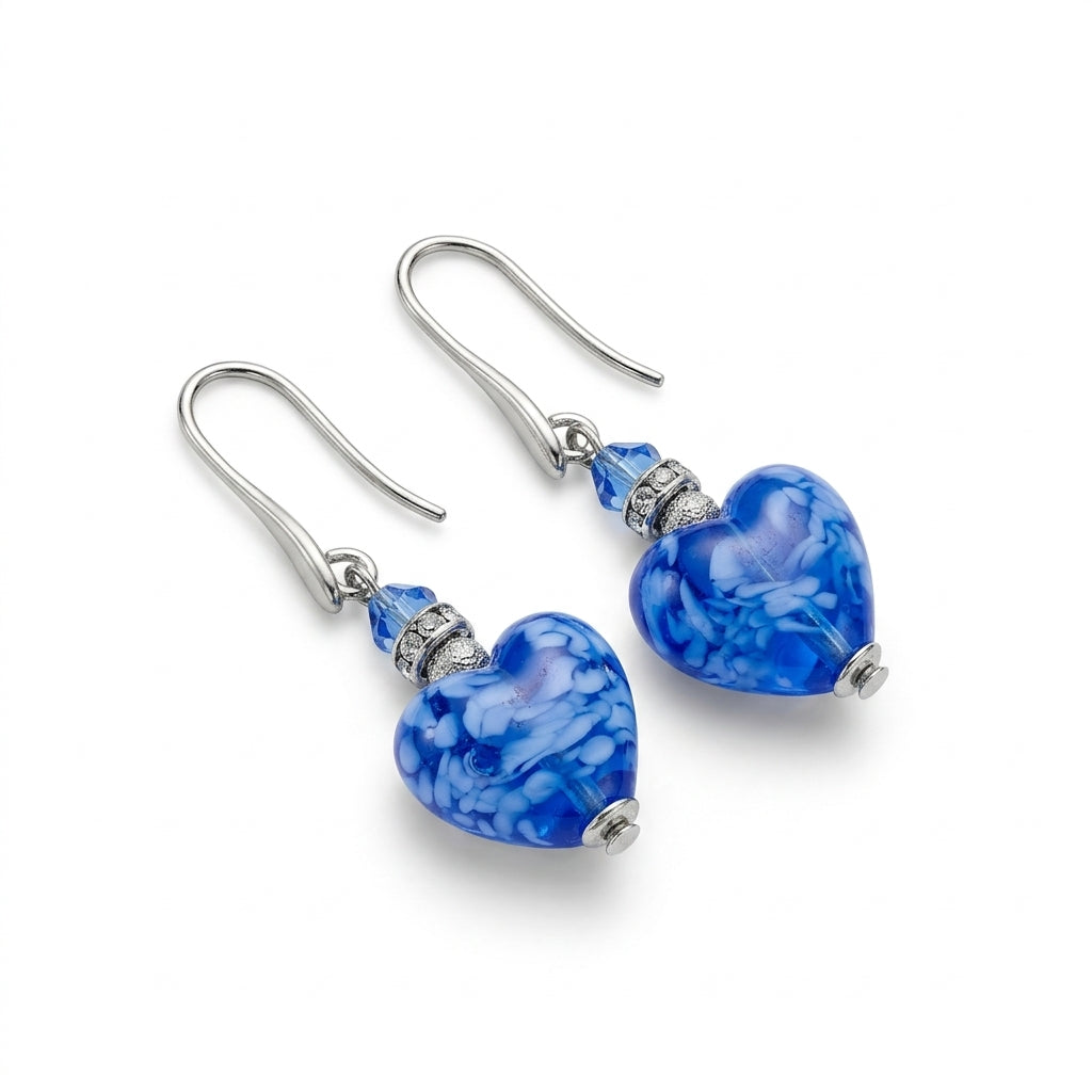 Deep Blue Murano Glass Heart Hook Earrings