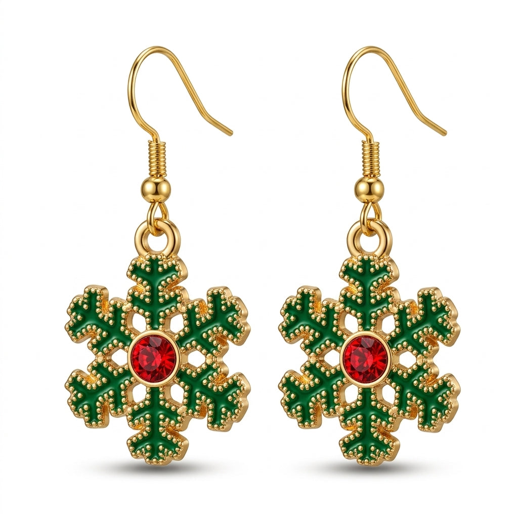 Red Cubic Zirconia Snowflake Hook Earrings