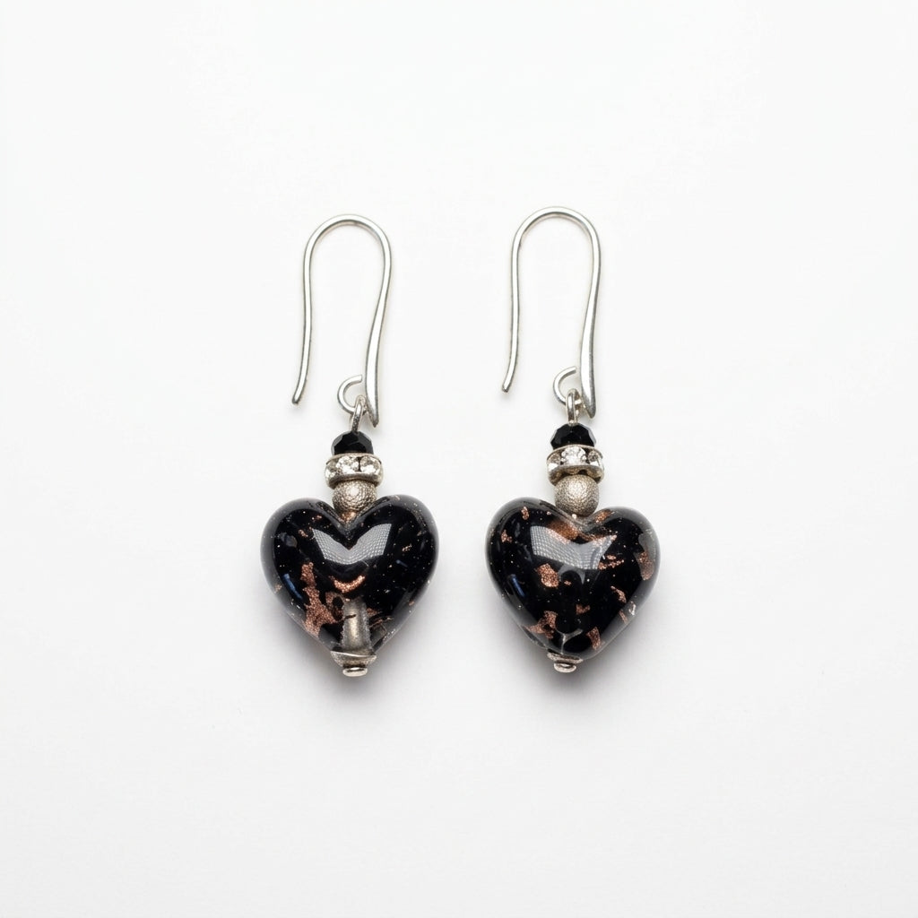 Black Murano Glass Heart Hook Earrings