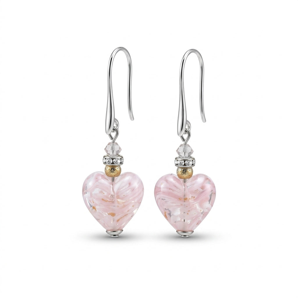 Rose Murano Glass Heart Hook Earrings