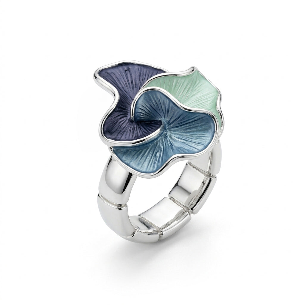 Tri-Petal Floral Stretch Ring - Blue Tones