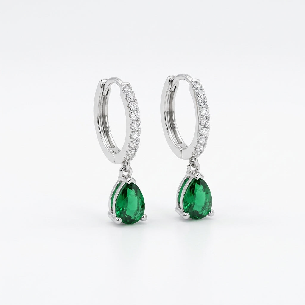 Emerald Pear Cut Drop Huggie Hoop Earrings