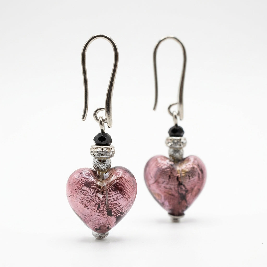Amethyst and Silver Leaf Murano Glass Heart Hook Earrings