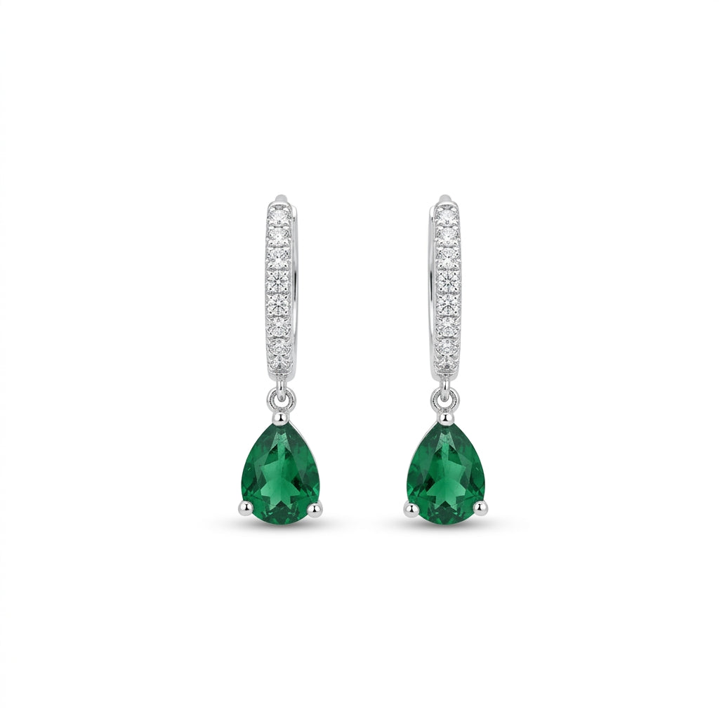 Emerald Pear Cut Drop Huggie Hoop Earrings