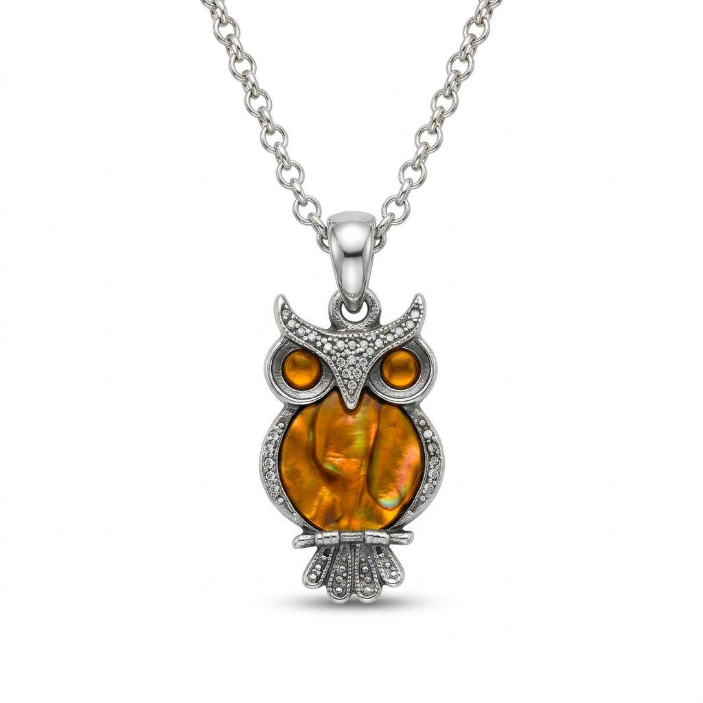 Owl Orange Paua Shell Pendant