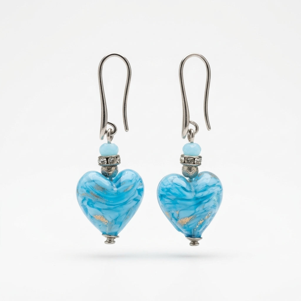 Aqua Murano Glass Heart Hook Earrings