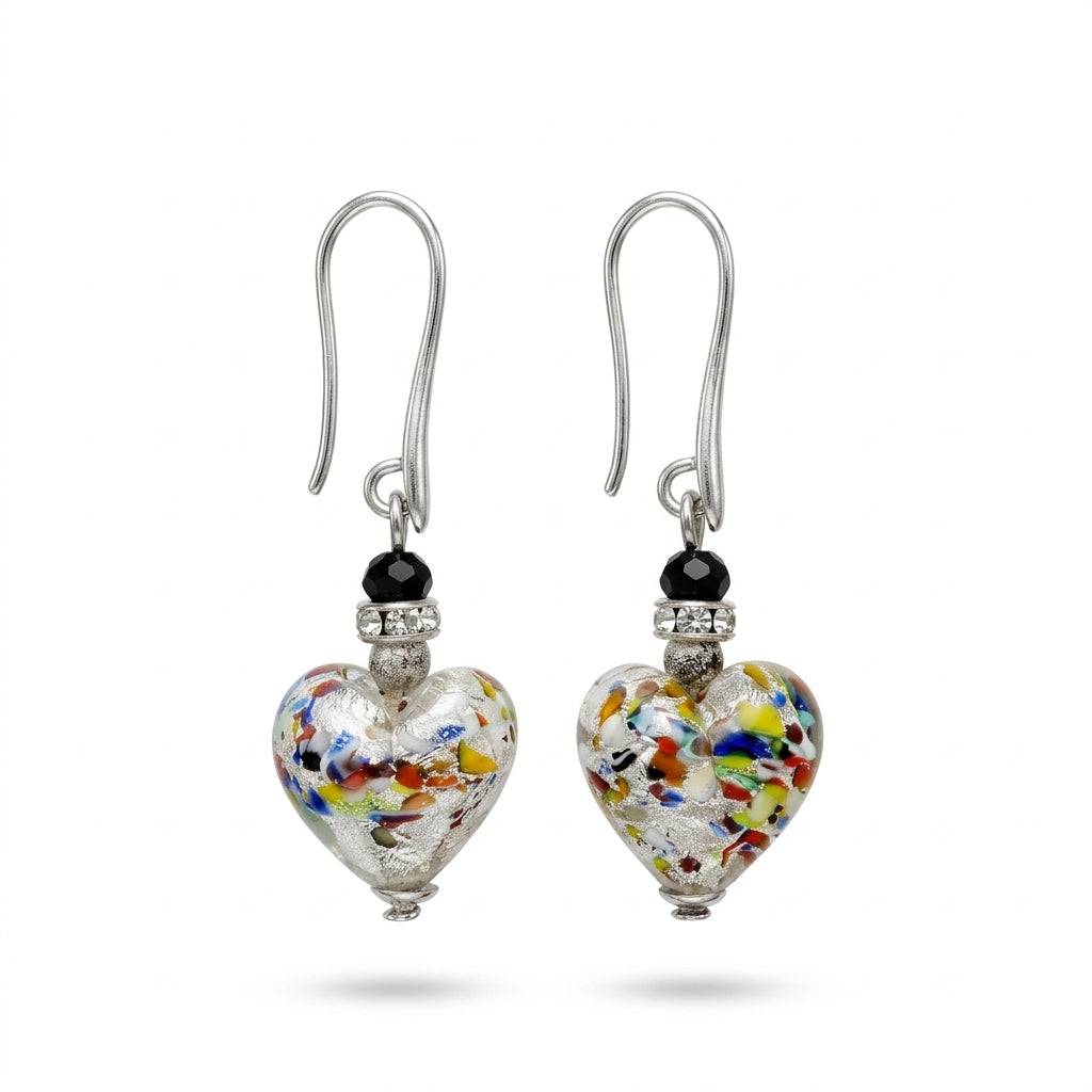 Multi Color And Silver Leaf Murano Glass Heart Hook Earrings