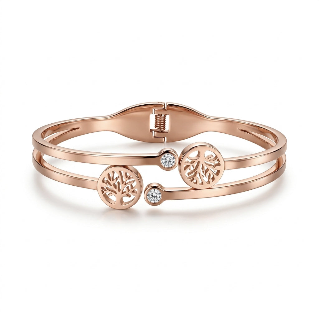 Duo Tree of Life Hinged Bangle Rose Gold