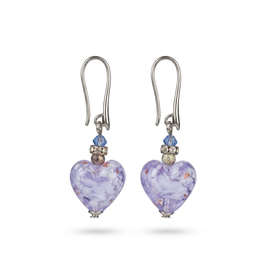 Violet Murano Glass Heart Hook Earrings