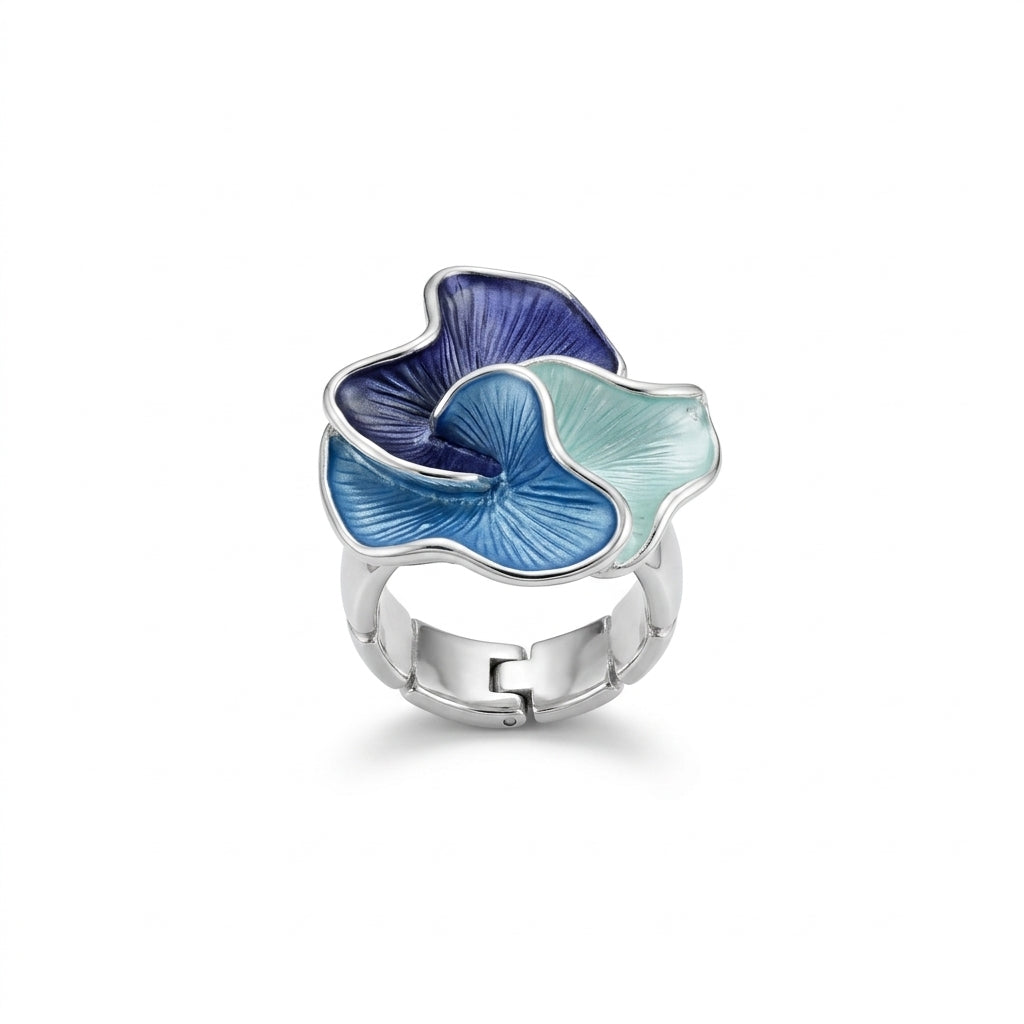 Tri-Petal Floral Stretch Ring - Blue Tones