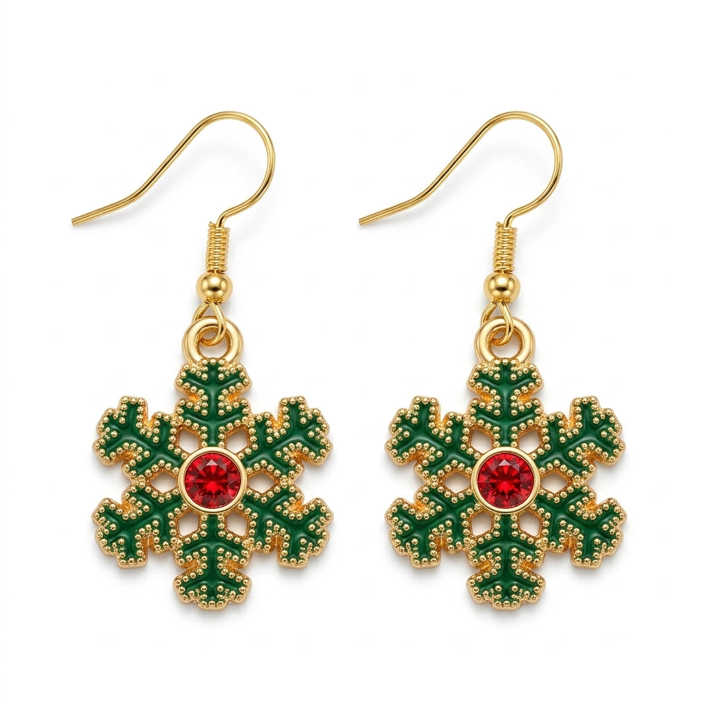 Red Cubic Zirconia Snowflake Hook Earrings