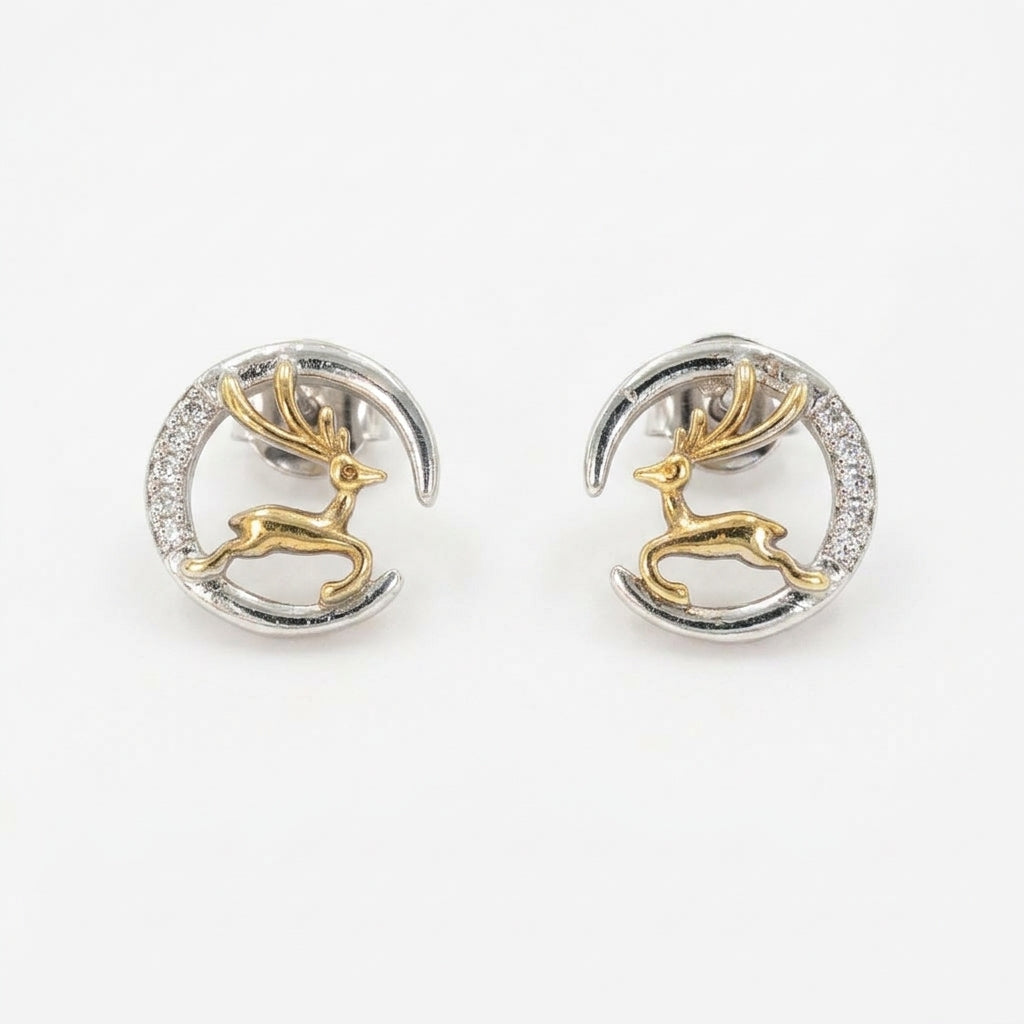 Two-Tone Reindeer and Crescent Stud Earrings