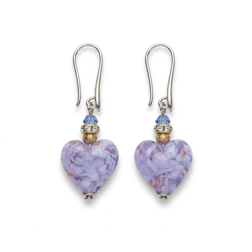Violet Murano Glass Heart Hook Earrings