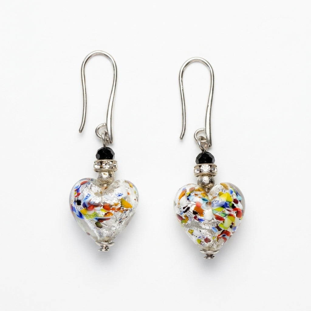 Multi Color And Silver Leaf Murano Glass Heart Hook Earrings