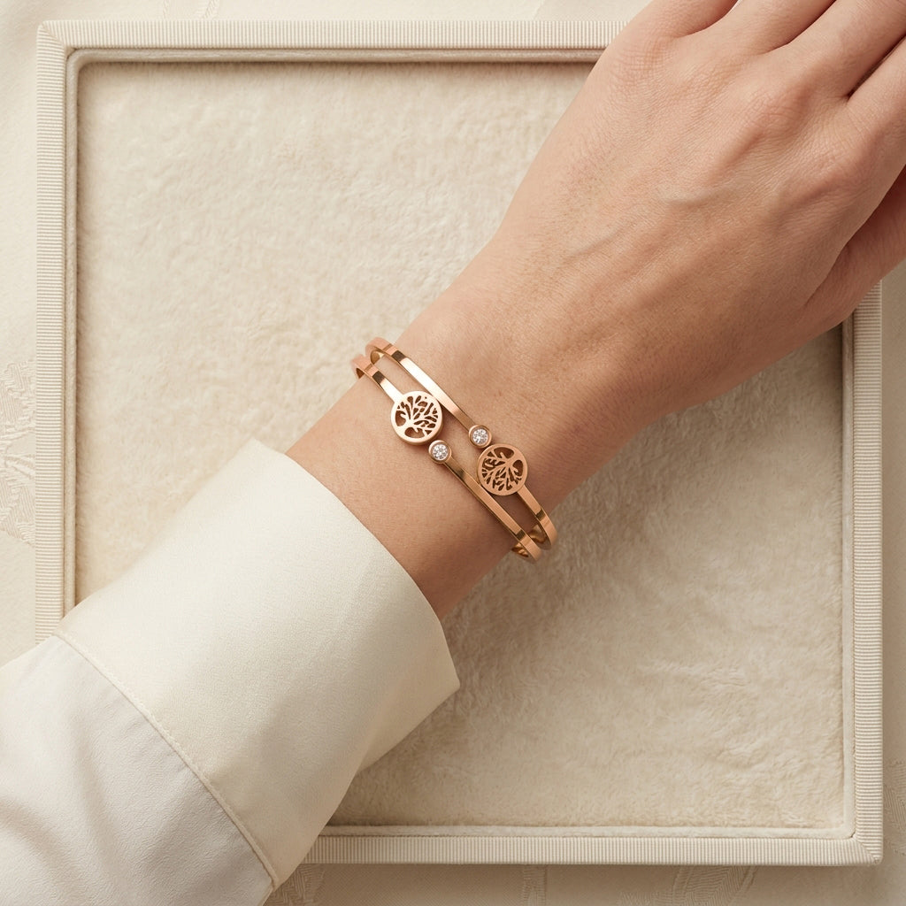 Duo Tree of Life Hinged Bangle Rose Gold
