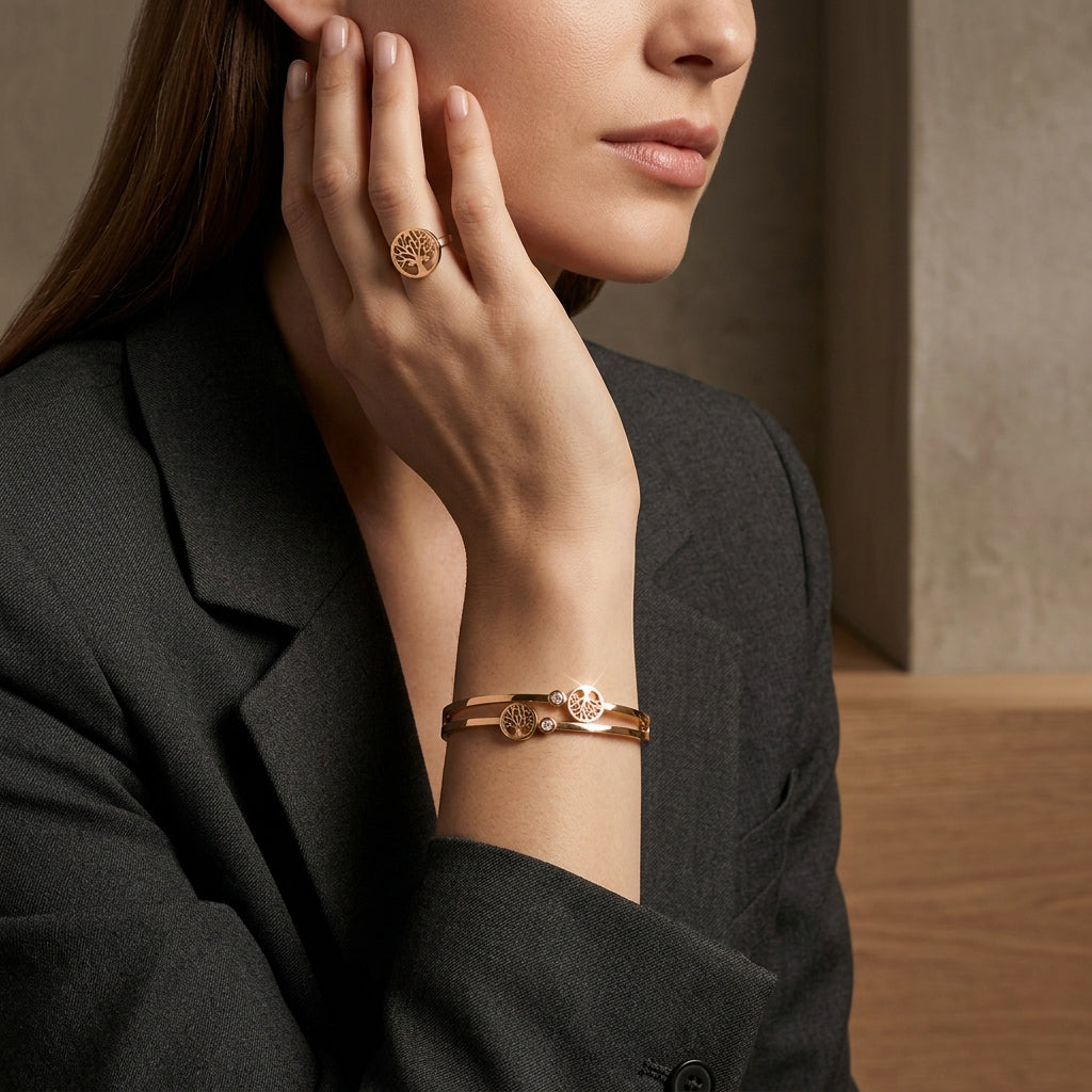 Duo Tree of Life Hinged Bangle Rose Gold