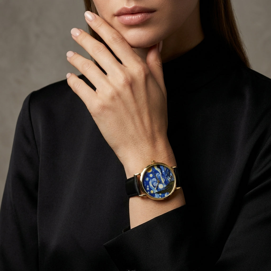 Starry Night Gold Watch with Black Strap