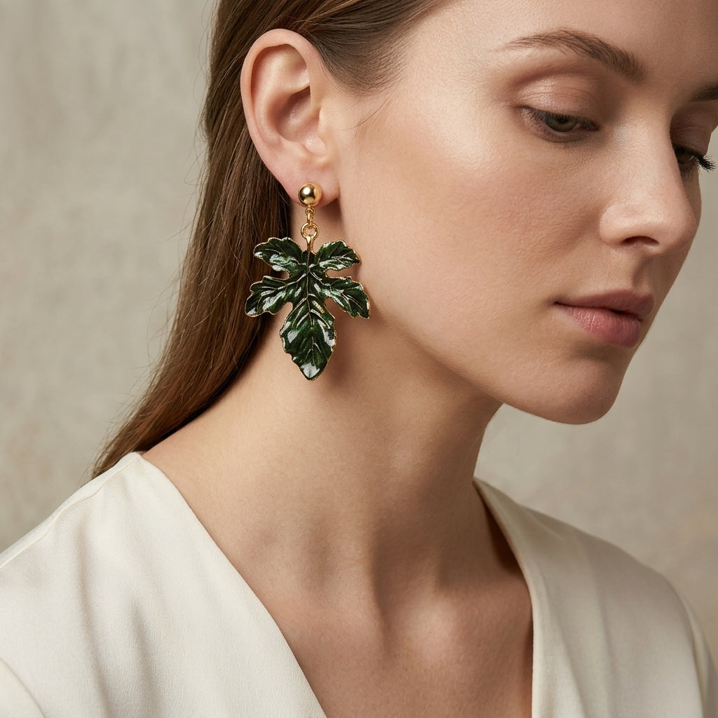 Green Leaf Motif Stud Earrings
