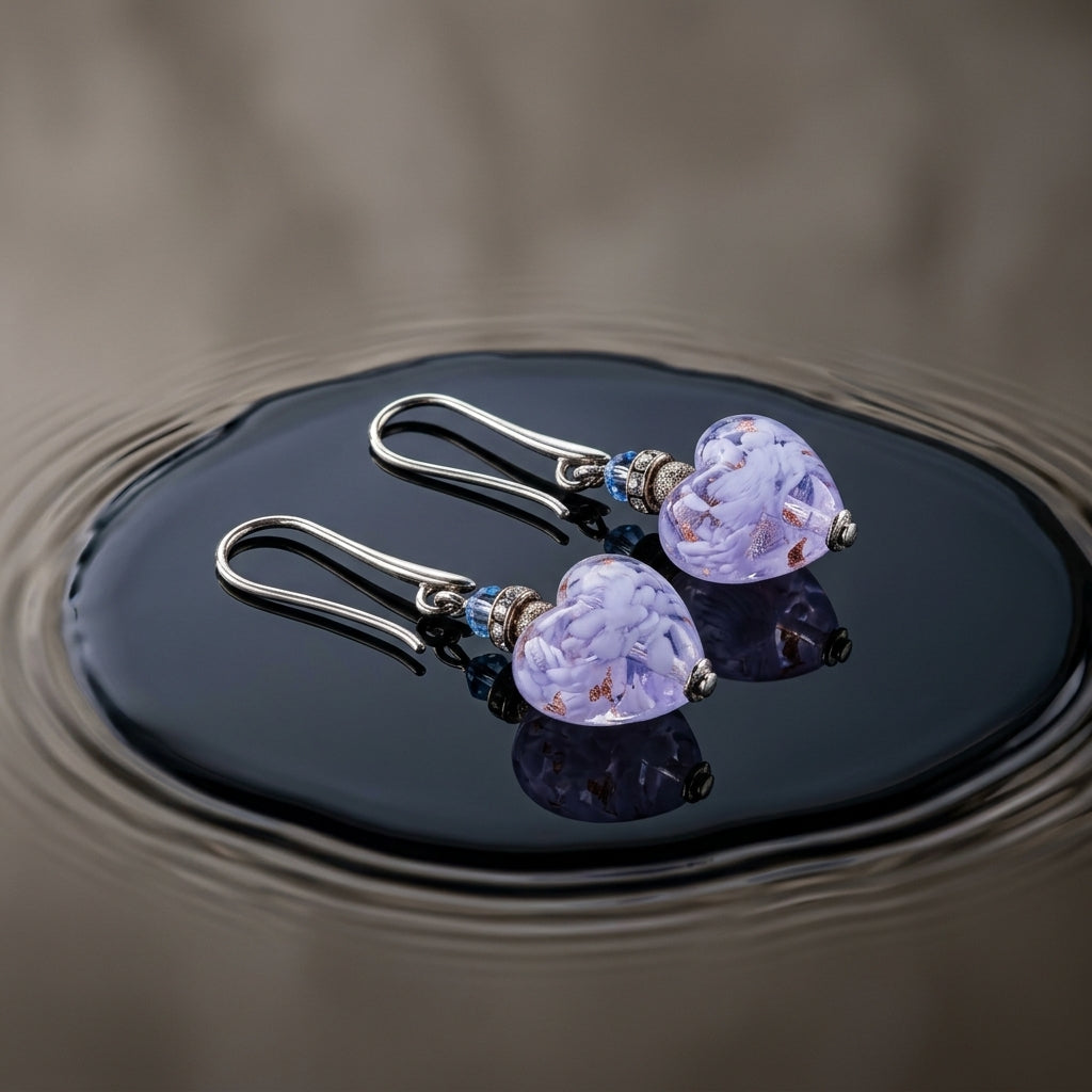 Violet Murano Glass Heart Hook Earrings