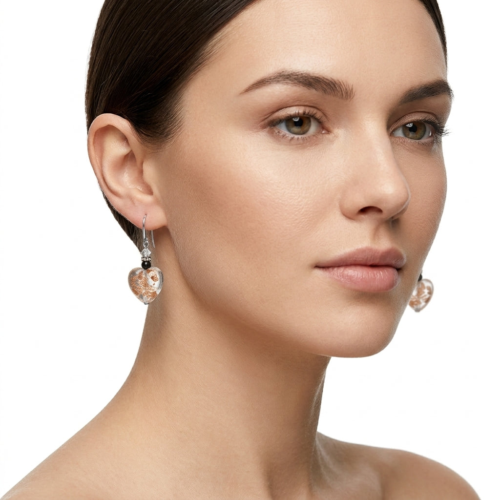 Clear Gold Leaf Murano Glass Heart Hook Earrings