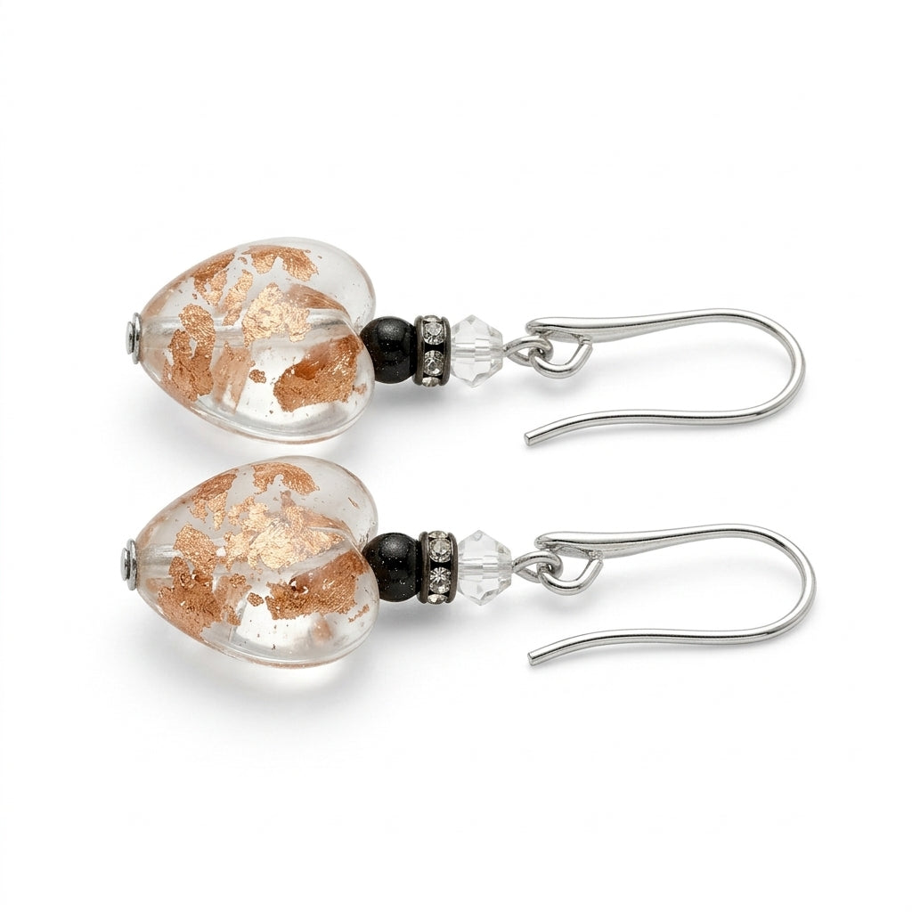 Clear Gold Leaf Murano Glass Heart Hook Earrings