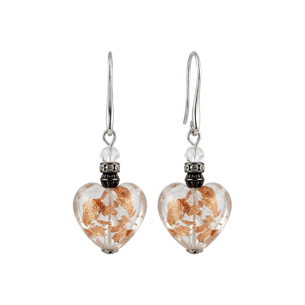 Clear Gold Leaf Murano Glass Heart Hook Earrings