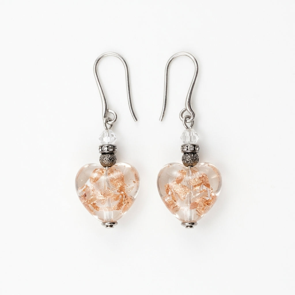 Clear Gold Leaf Murano Glass Heart Hook Earrings