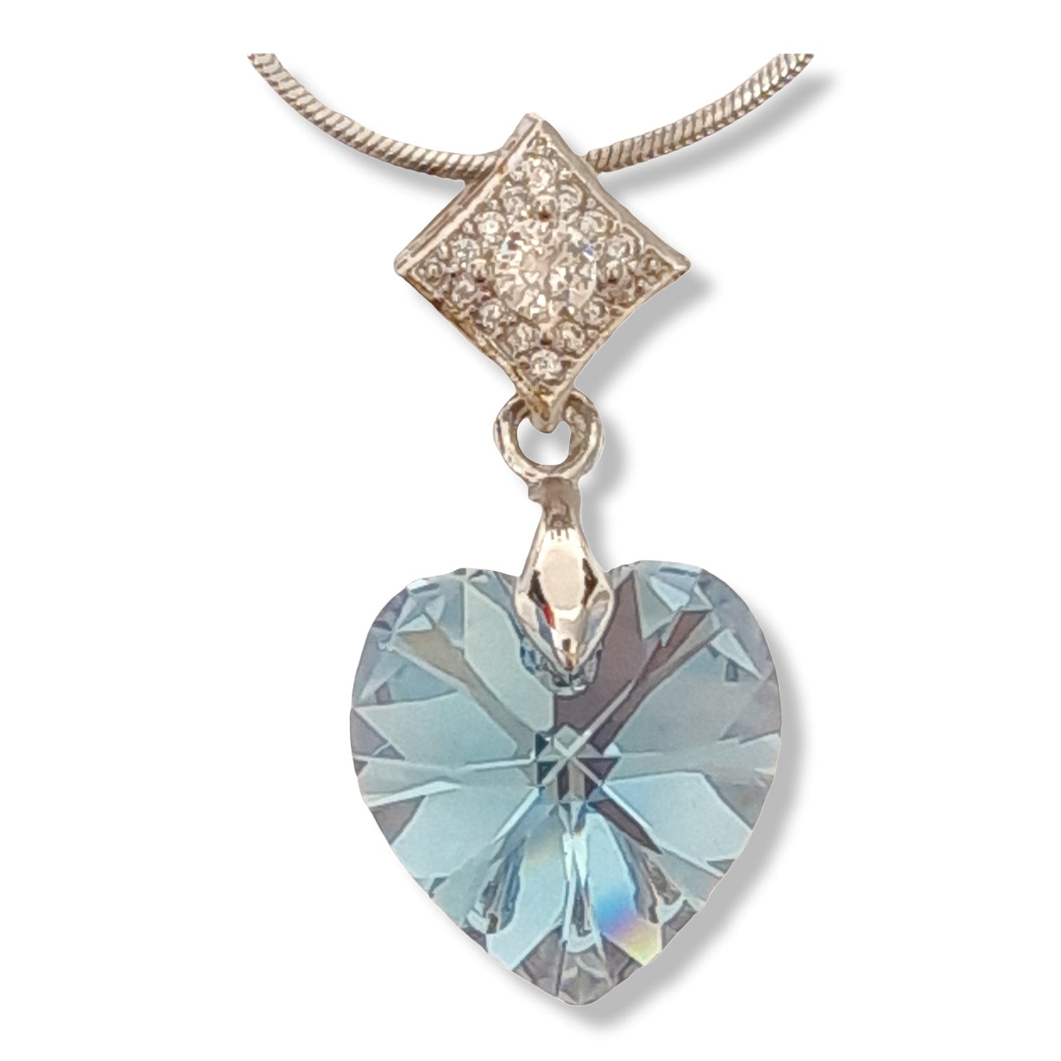 Swarovski Crystal Heart Pendant with Pave Diamante Offset Square Detail Aqua