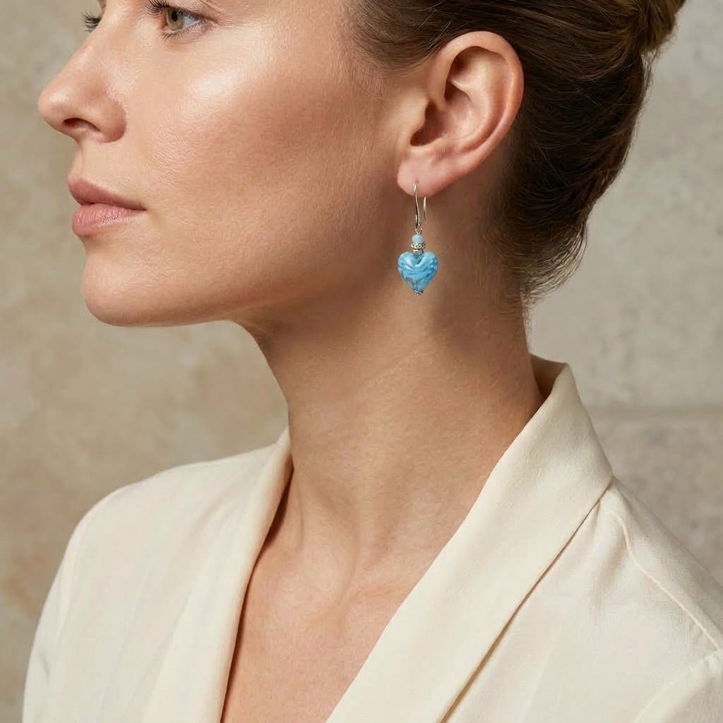 Aqua Murano Glass Heart Hook Earrings