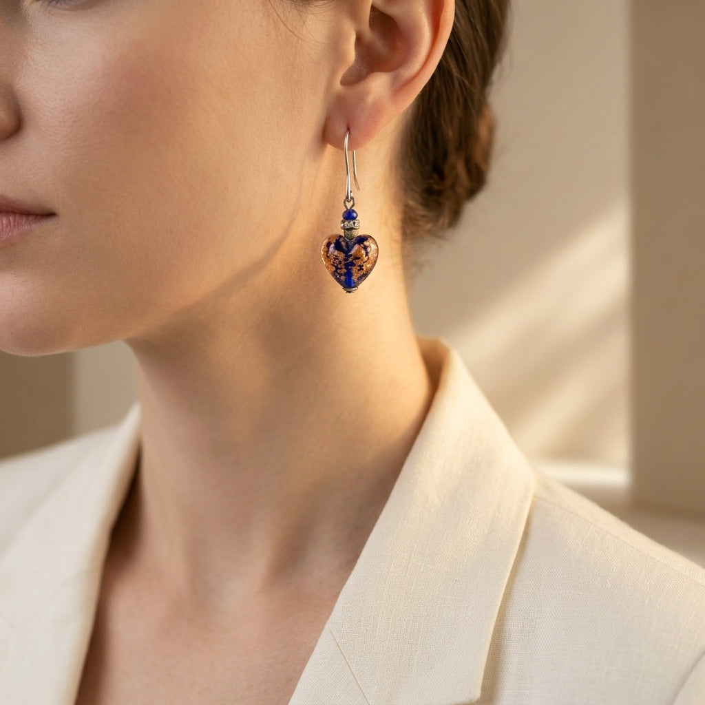 Midnight Gold Leaf Handmade Murano Heart Hook Earrings