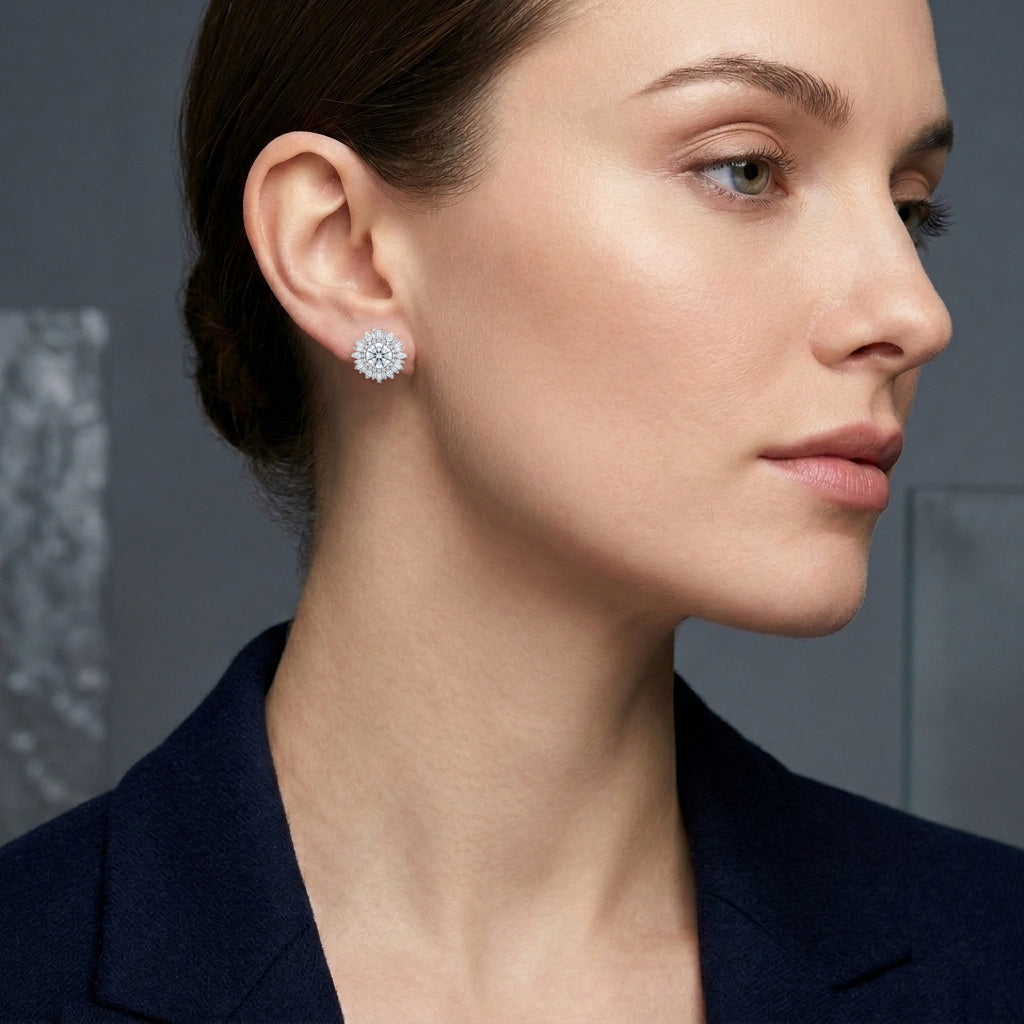 Cubic Zirconia Sunburst Cluster Stud Earrings