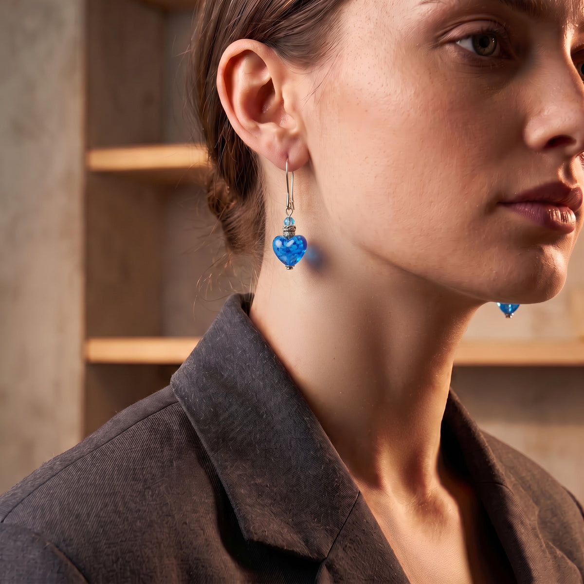Vibrant Blue Murano Glass Heart Hook Earrings