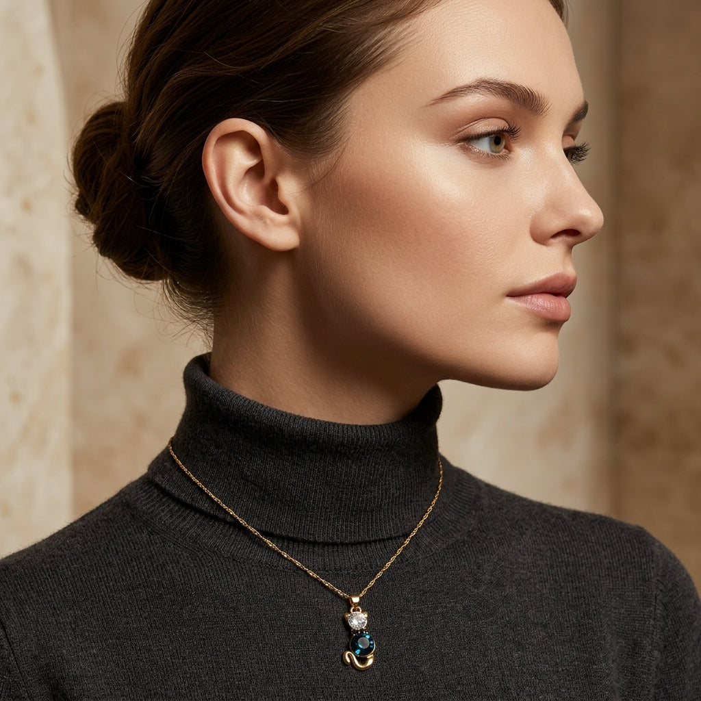 Pave Crystal Cat Pendant with Aquamarine