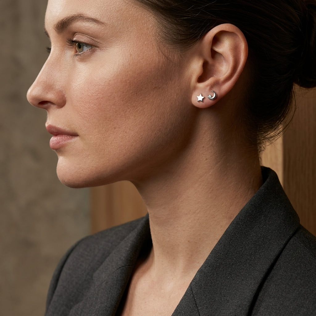 Star and Moon 925 Sterling Silver Stud Earrings