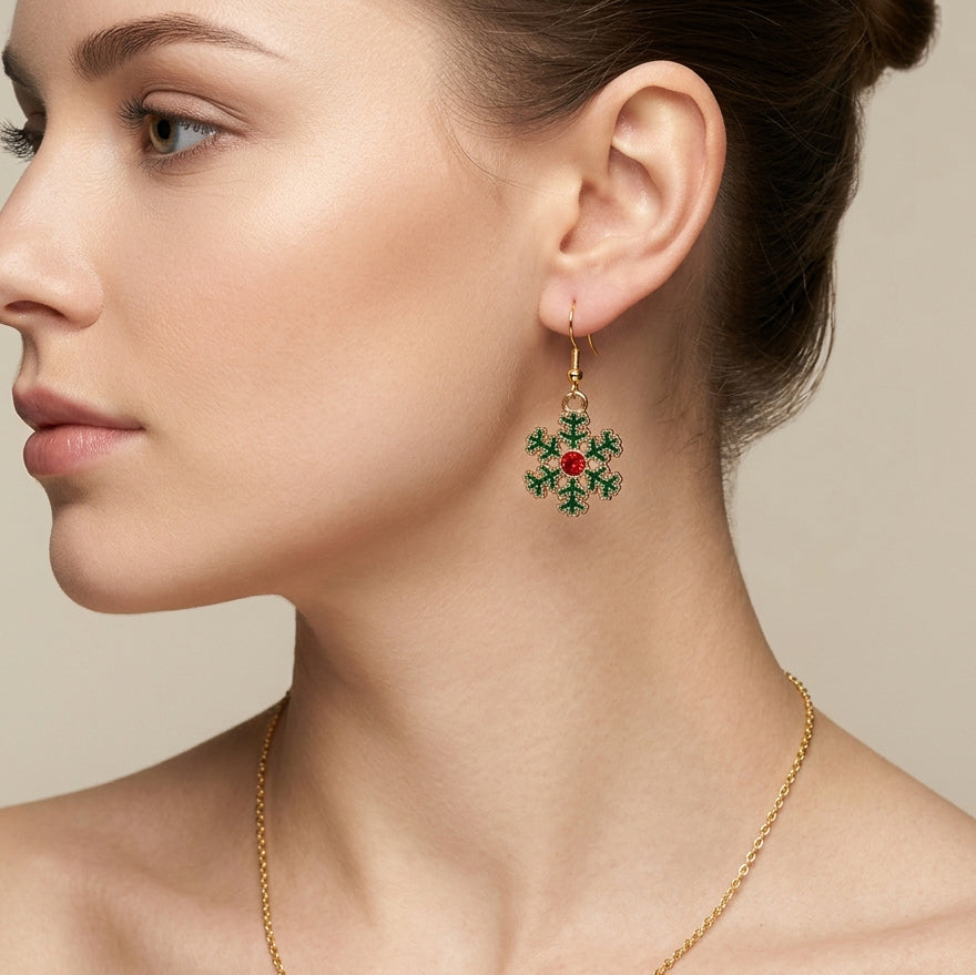 Red Cubic Zirconia Snowflake Hook Earrings