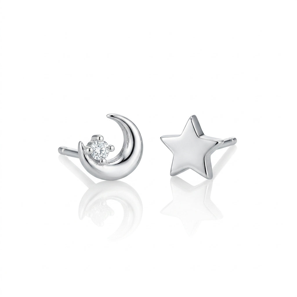 Star and Moon 925 Sterling Silver Stud Earrings