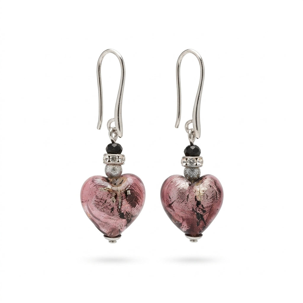 Amethyst and Silver Leaf Murano Glass Heart Hook Earrings