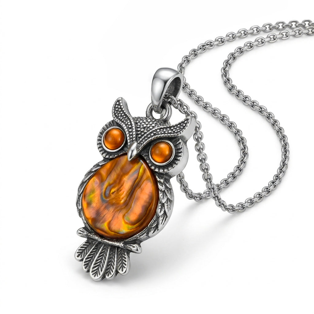 Owl Orange Paua Shell Pendant