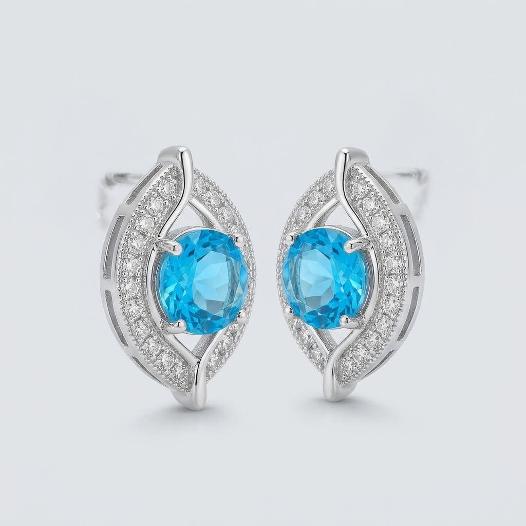 Swiss Blue Topaz Halo Lever Back Earrings