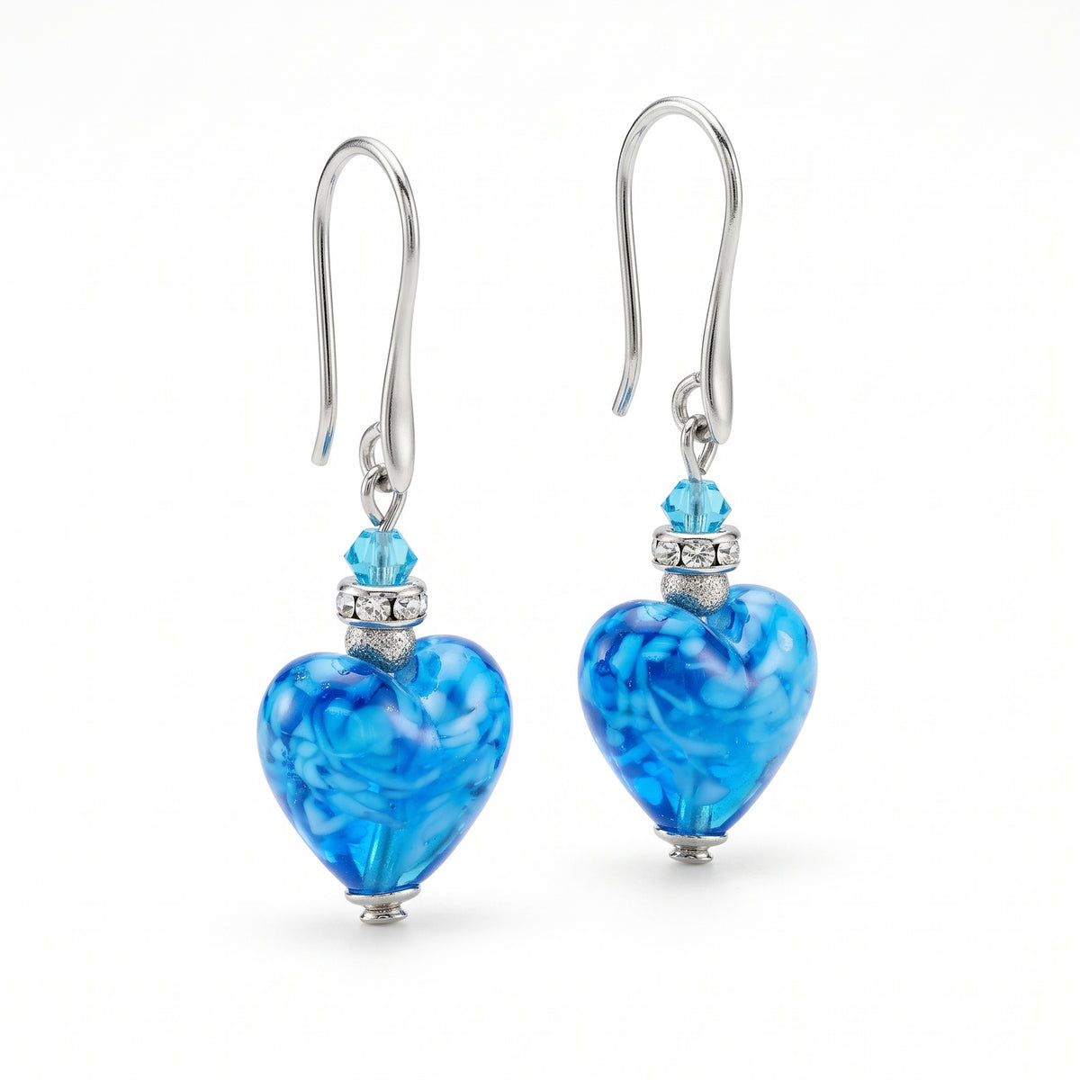 Vibrant Blue Murano Glass Heart Hook Earrings