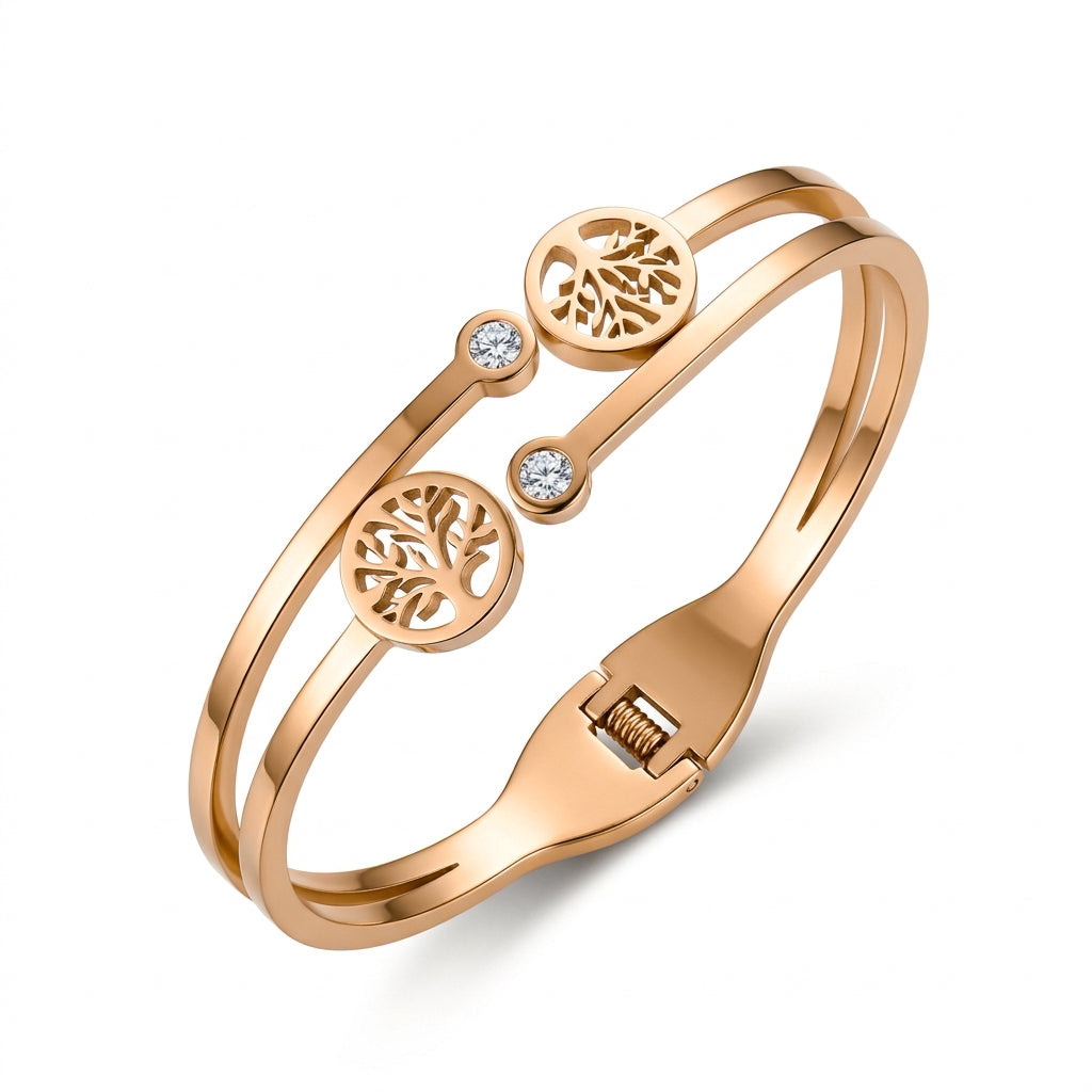 Duo Tree of Life Hinged Bangle Rose Gold
