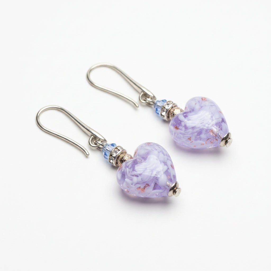 Violet Murano Glass Heart Hook Earrings